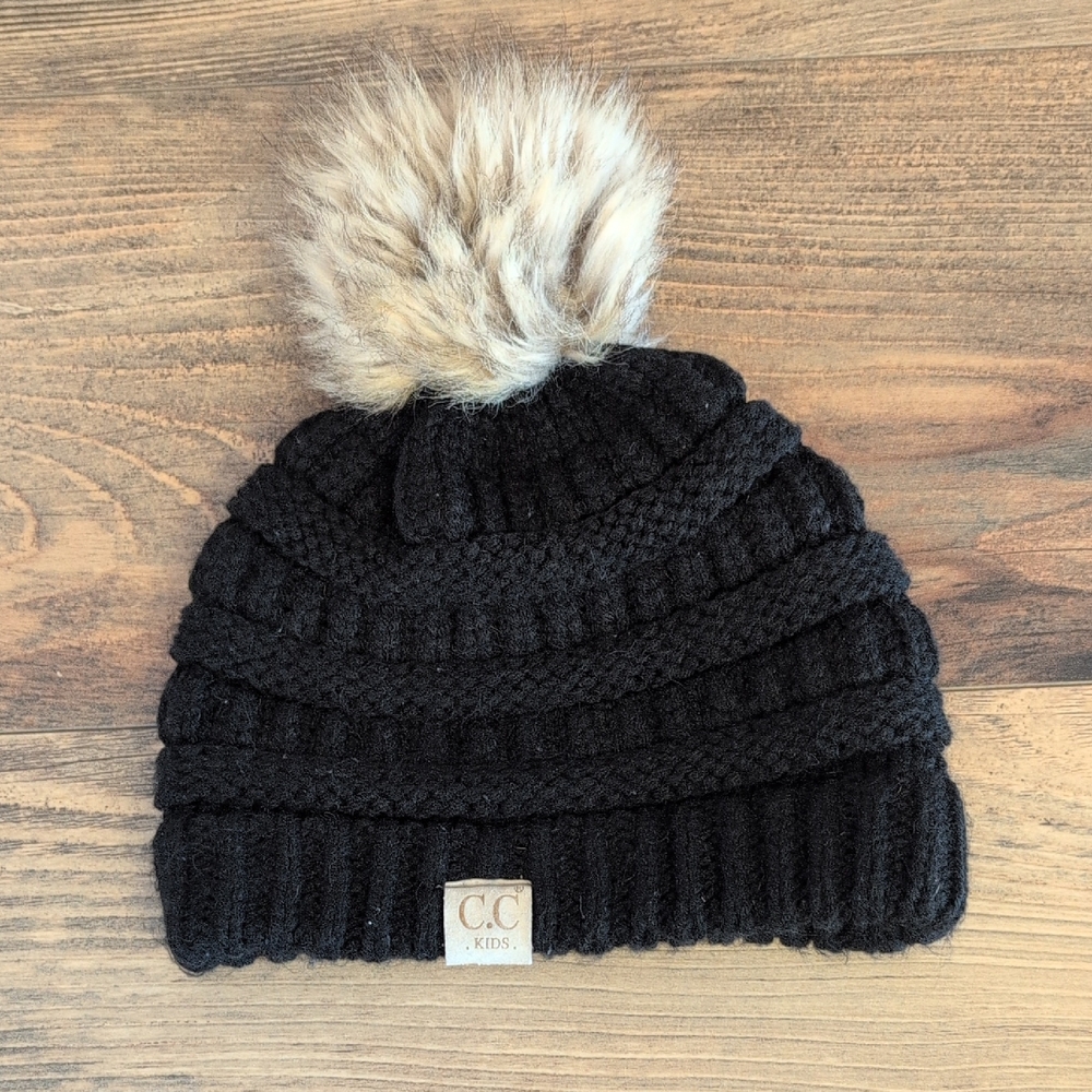 CC Kids Black Knit Beanie with Faux Fur Pom                                 M500